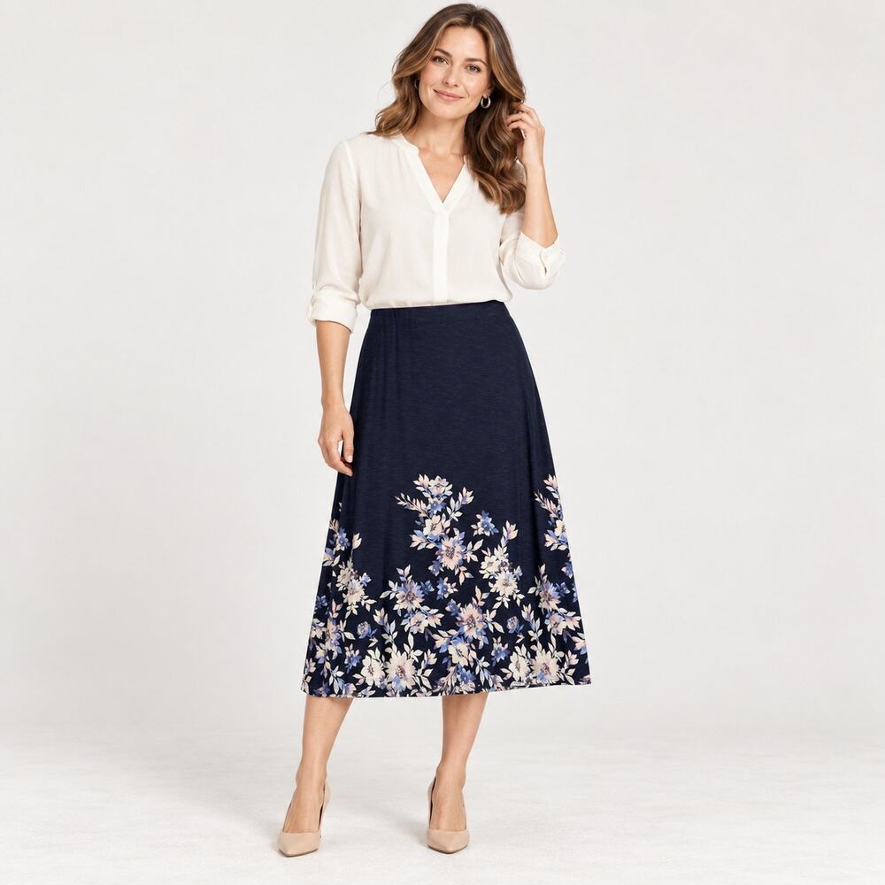J. Jill Midi Length Knit Skirt Women’s Large Navy Blue Floral Knit Pull On Comfy